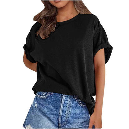 Camiseta holgada de manga corta con cuello redondo y color liso para mujer