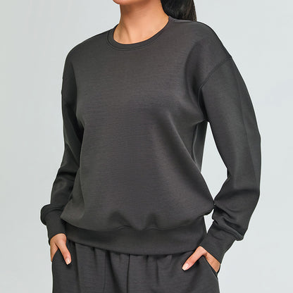 Sweat-shirt décontracté à manches longues pour femme, couleur unie, simple