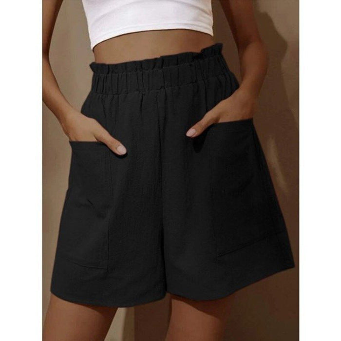 Pantalones cortos casuales de cintura alta de lino y algodón de color liso para mujer