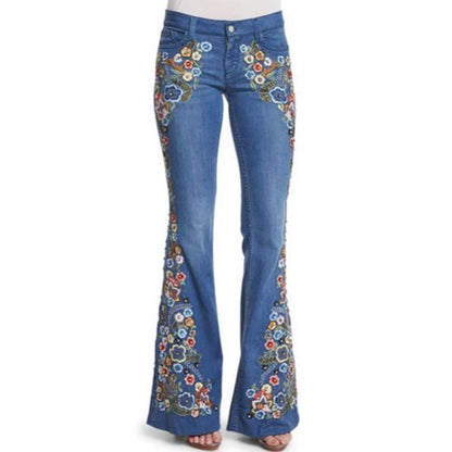 Women Fashion Retro Floral Embroidered Flared Jeans
