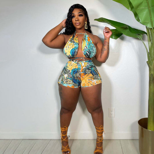 Women Fashion Plus Size Printed Halter-Neck Two-Piece Set