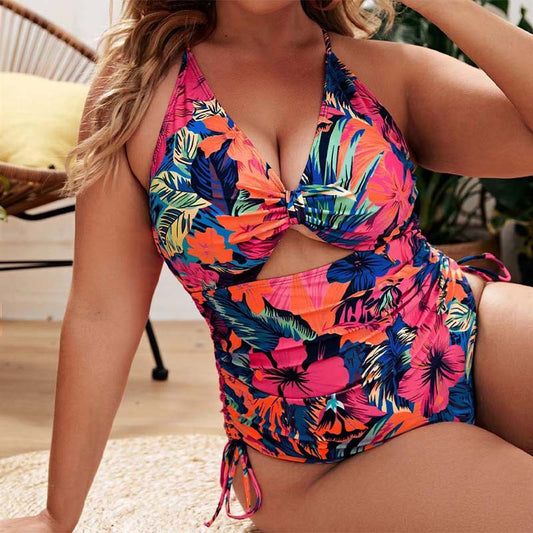 Women Fashion Sexy Plus Size Floral Printed Hollow Sling One-Piece Swimsuit