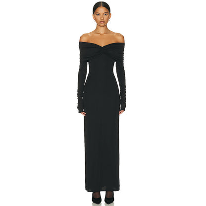 Women Waist Long Sleeve Off Shoulder Elegant Dress