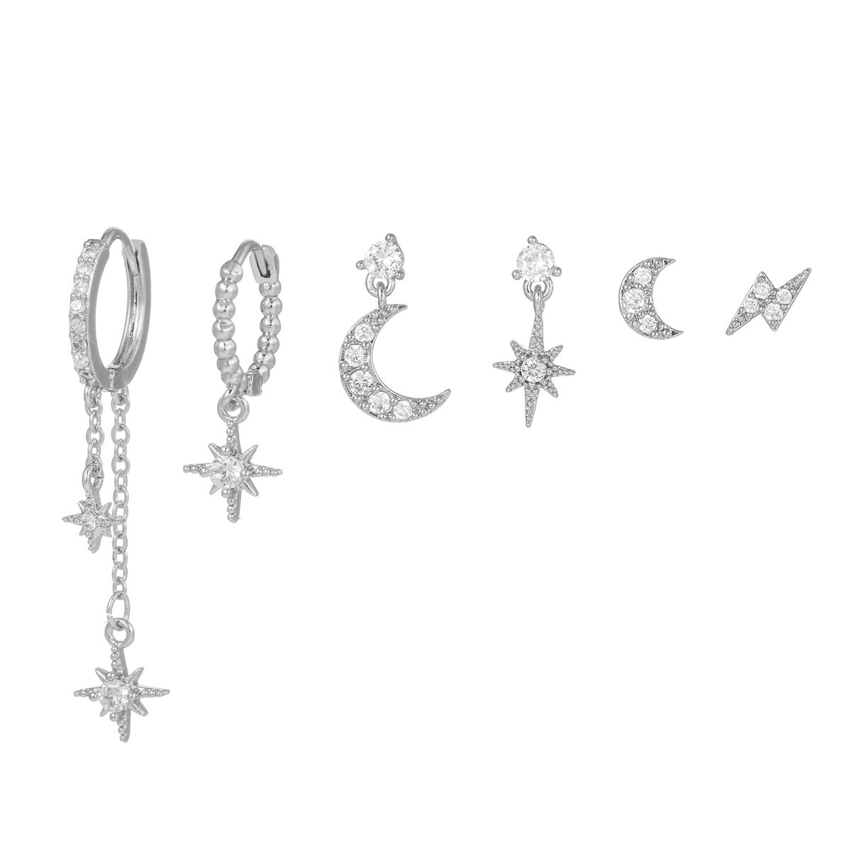 Women Fashion Zircon Star Moon Chain Tassel Earrings Set