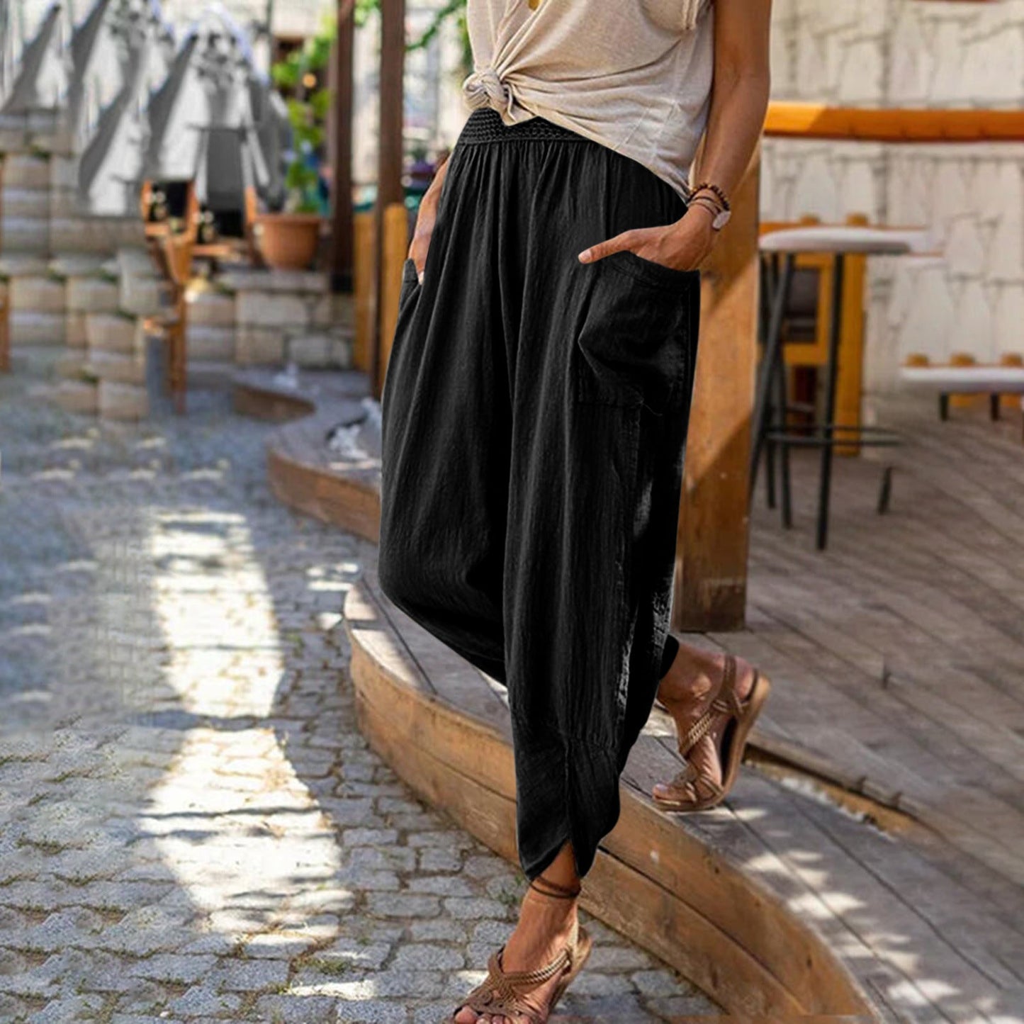 Women's Casual Solid Color Loose Pocket Pants