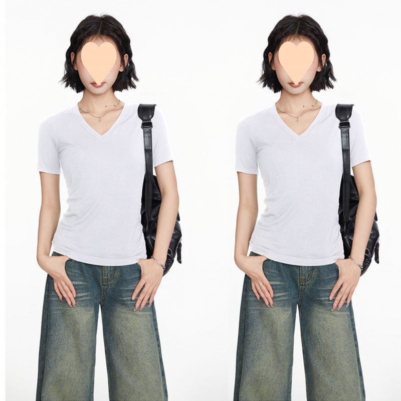 Women Simple Solid Color V-Neck Short Sleeve Blank T-Shirt