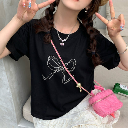 Women’s Casual Bowknot Printed Short-Sleeve T-Shirt