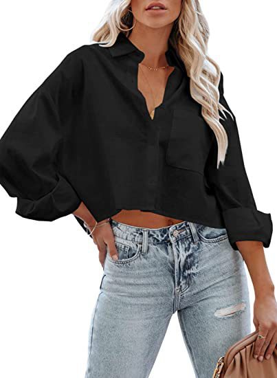 Blusa corta informal de algodón de manga larga de color liso para mujer