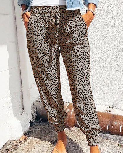 Women Fashion Casual Leopard Loose Lace-Up Pants
