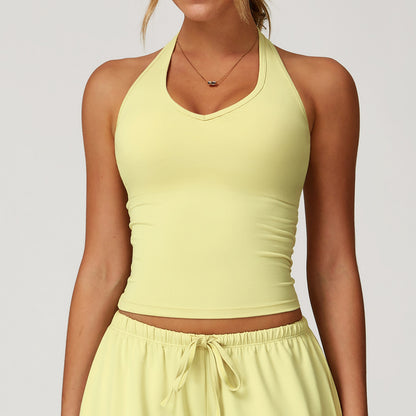 Camiseta de yoga informal sin espalda de color sólido para mujer