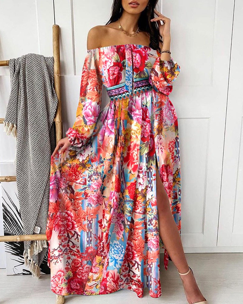 Women Fashion Boho Style Floral Printed Off-Shoulder Maxi Dress