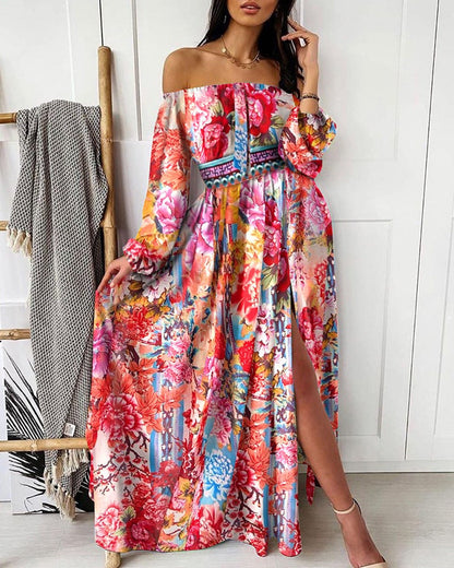 Women Fashion Boho Style Floral Printed Off-Shoulder Maxi Dress