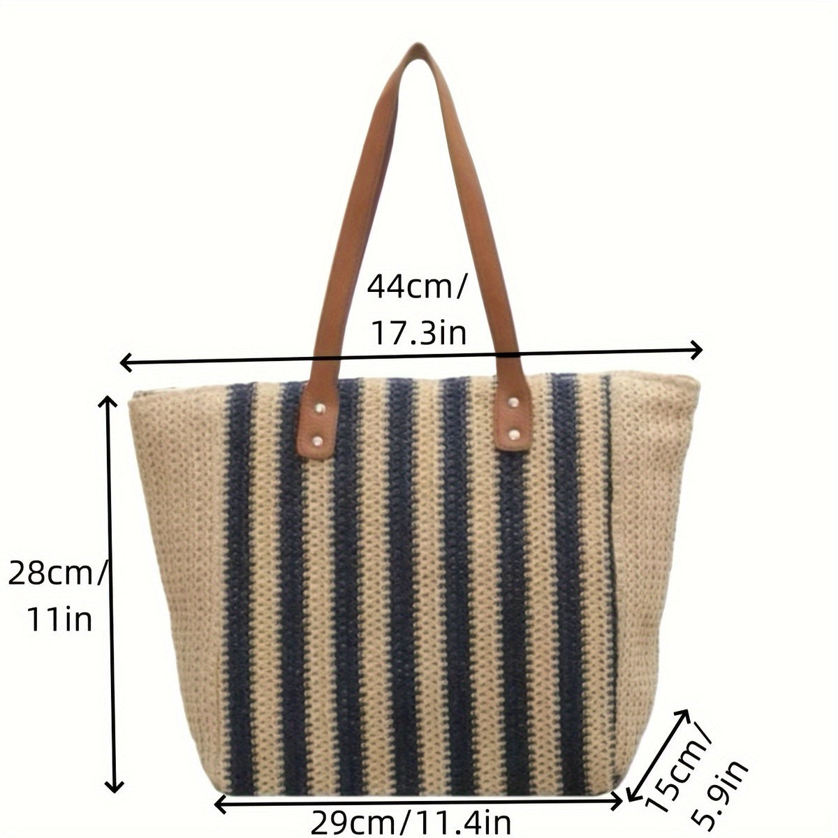 Women Casual Contrast Color Straw Woven Beach Tote Bag