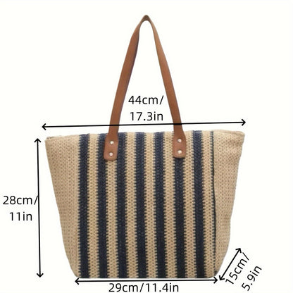 Women Casual Contrast Color Straw Woven Beach Tote Bag