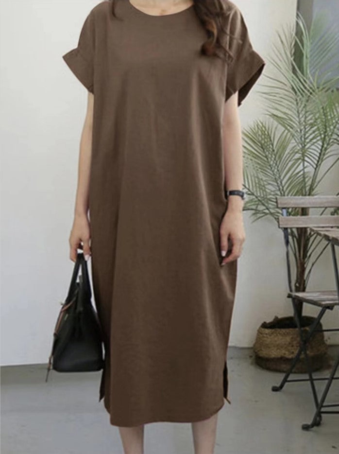 Robe ample décontractée en coton et lin de couleur unie pour femme