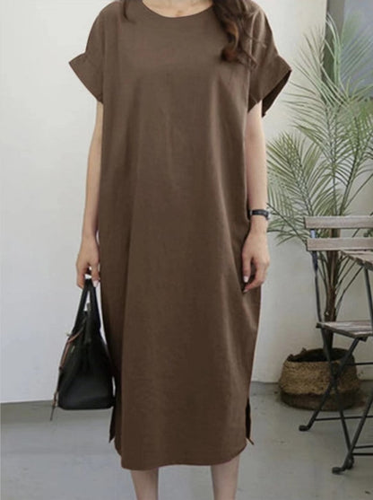 Robe ample décontractée en coton et lin de couleur unie pour femme