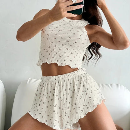 Women Stylish Printed Edge Curl Tank Top and Loose Shorts Pajama Set