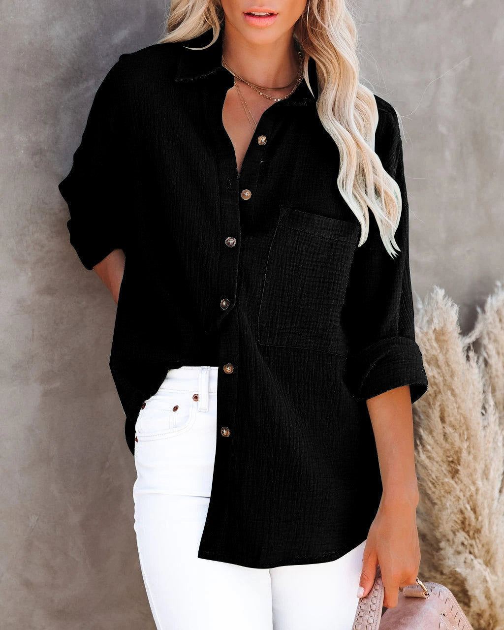 Blusa informal de manga larga con cuello en V y botones para mujer