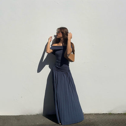 Women Elegant Solid Color Off-Shoulder Maxi Dress