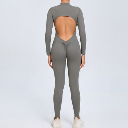 Women Fashion Solid Color Zipper Long-Sleeve Yoga Jumpsuit
