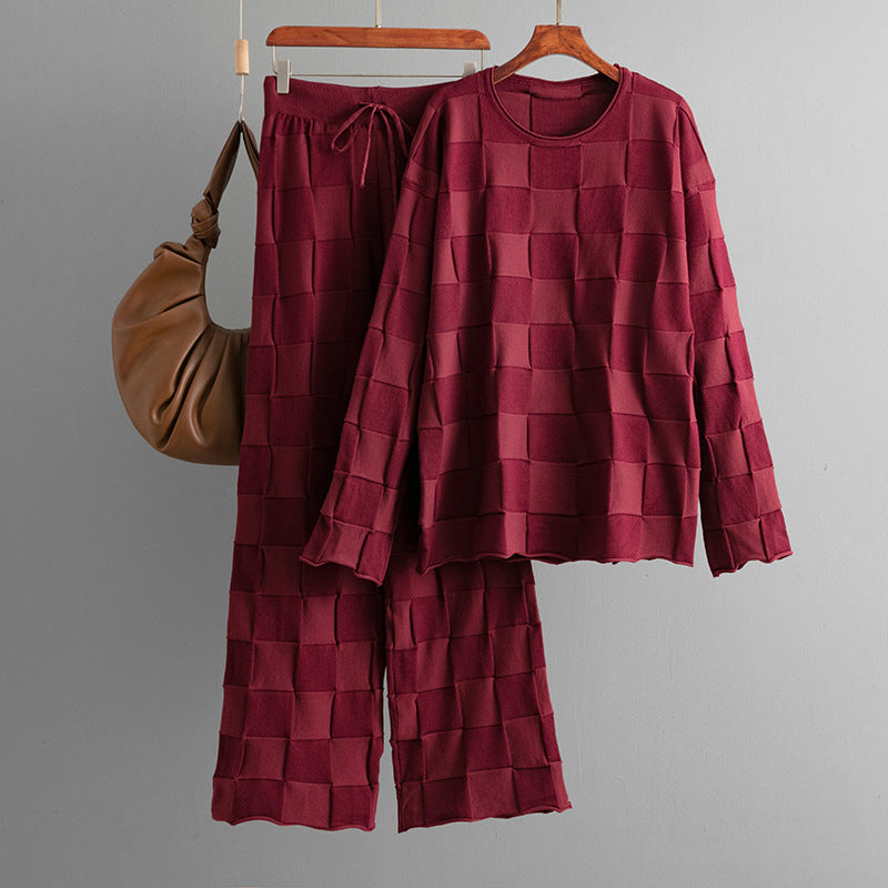 Women Casual Solid Color Square Plaid Sweater and Pants Set