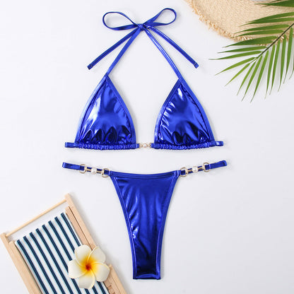 Bikini sexy de color sólido con cuello halter y cordones para mujer
