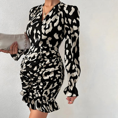 Vestido con volantes y manga larga con estampado de leopardo para mujer
