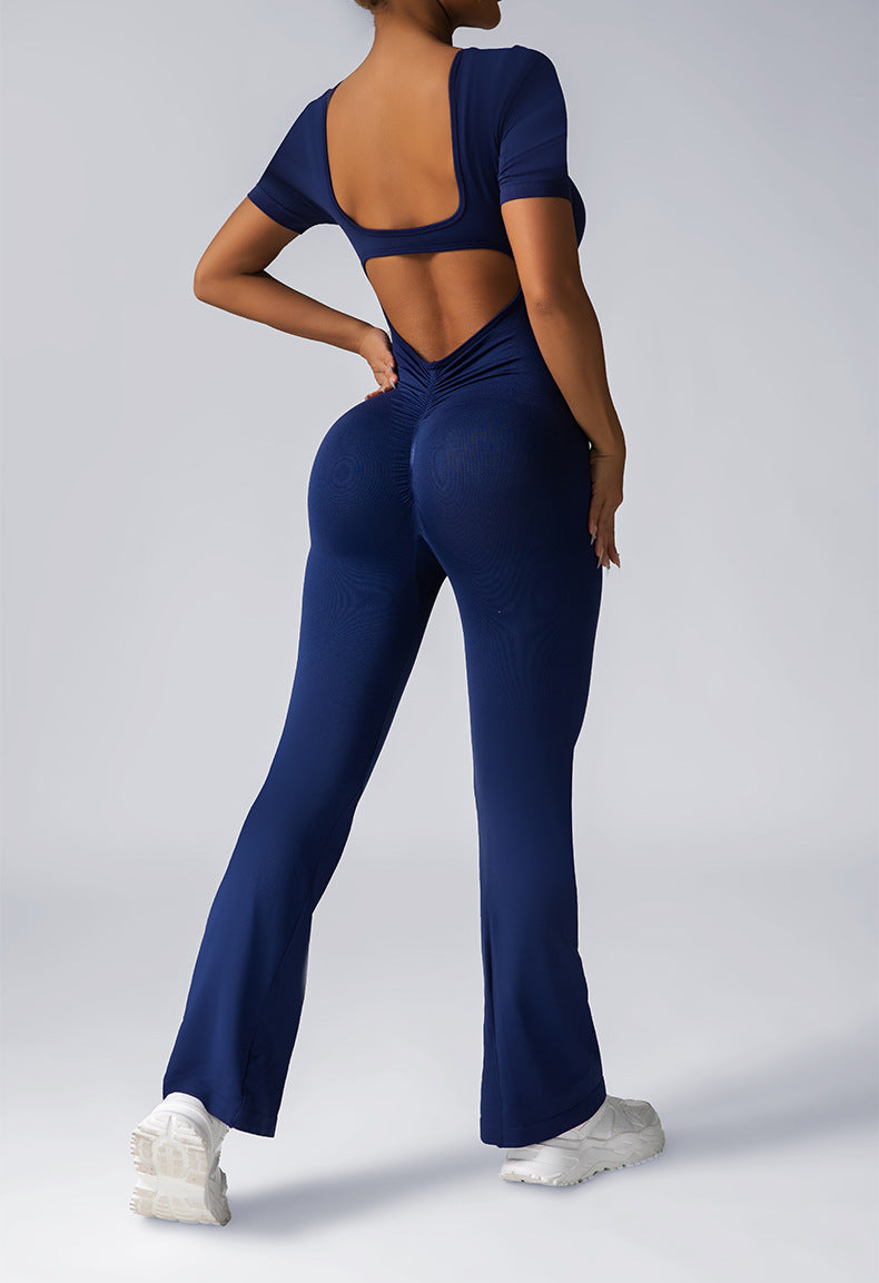 Women Fashion Casual Solid Color Seamless Short-Sleeve Backless Yoga Jumpsuits