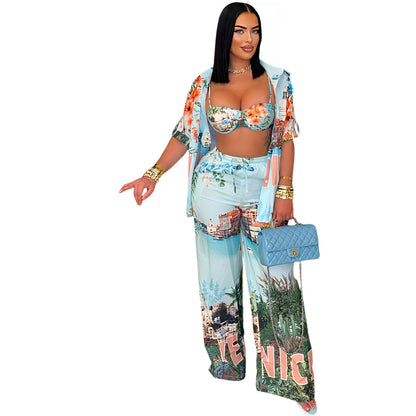 Conjunto de camiseta y pantalones cortos holgados de manga corta con solapa y estampado de vacaciones sexy para mujer