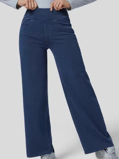 Women Fashion Casual Solid Color High Waist Wide Leg Jeans