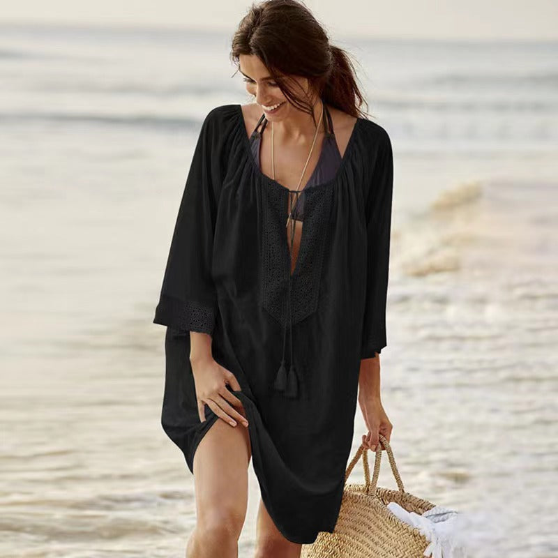 Vestido playero de manga larga con escote en V y color liso para mujer