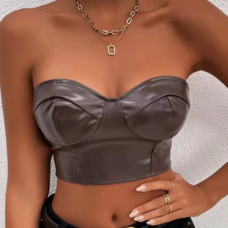 Top sexy sin tirantes de PU de color sólido para mujer