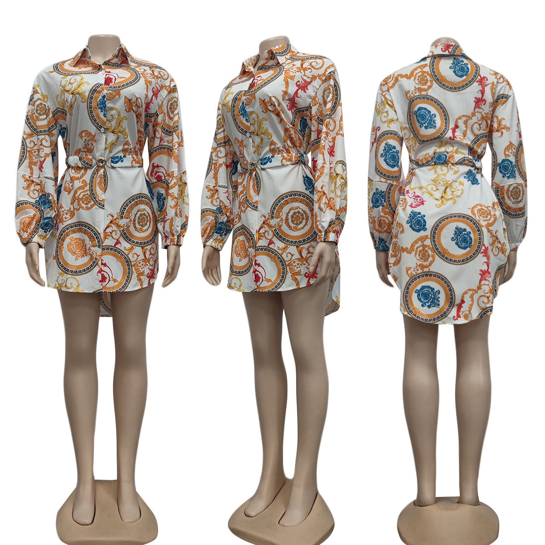 Vestido informal de manga larga con solapa y estampado para mujer