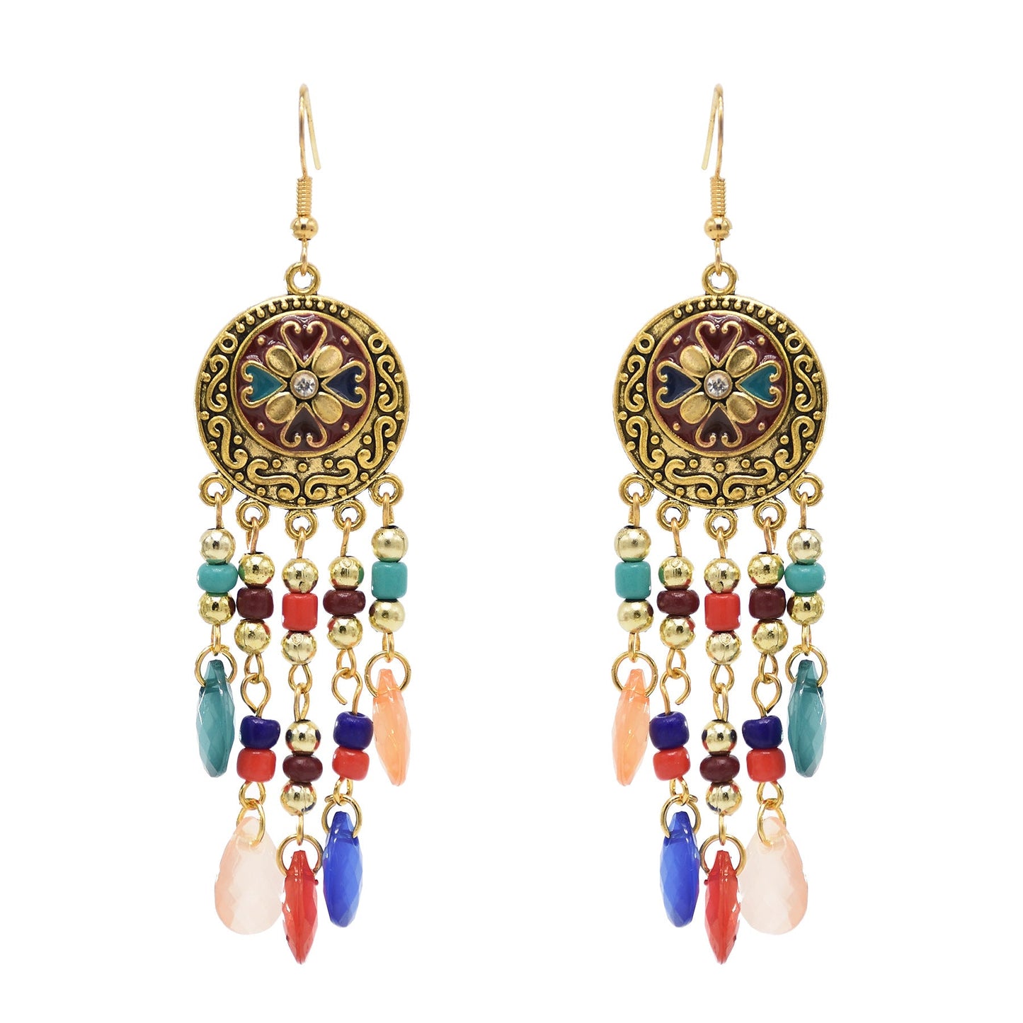 Pendientes con borlas y cuentas multicolores de flores bohemias