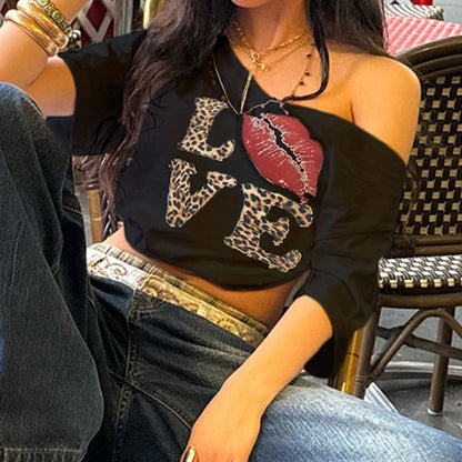 Y2K Women Off-Shoulder V-Neck Leopard T-Shirt