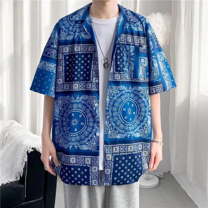 Camisa informal vintage con estampado de flores diminutas para hombre