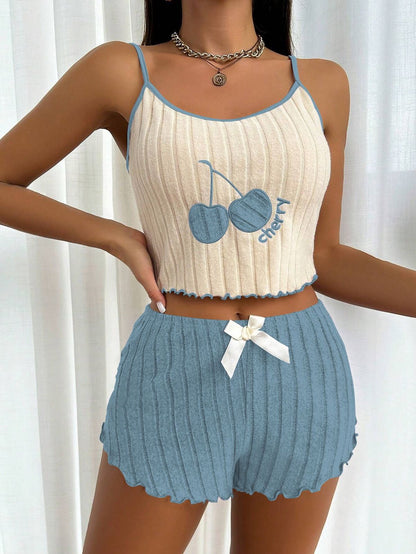 Women Fashion Sexy Embroidered Stripe Camisole and Shorts Pajama Set