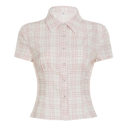 Blusa informal de manga corta con solapa y rayas para mujer
