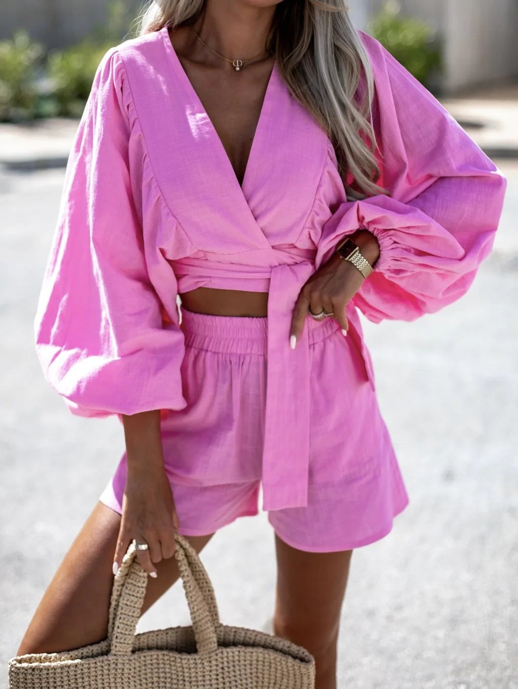 Conjunto holgado informal con cuello en V y cordones para mujer