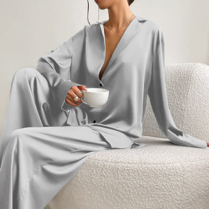 Women's Long-Sleeved Solid Satin Two-Piece Pajamas