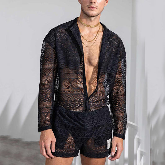 Men's Casual Long Sleeve Cotton Hollow Blouse Two-Piece Set