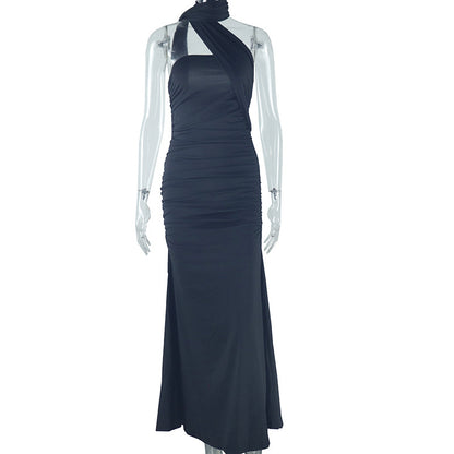 Women Elegant Solid Color Neck Bodycon Maxi Dress