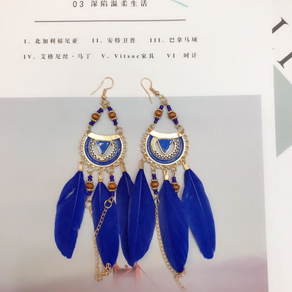 Women Bohemian Hollow Beads Feather Alloy Earrings