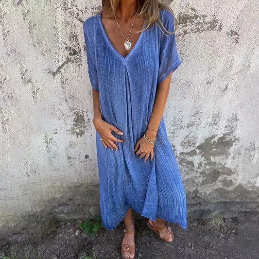 Women Casual Cotton Linen V-Neck Midi Dress