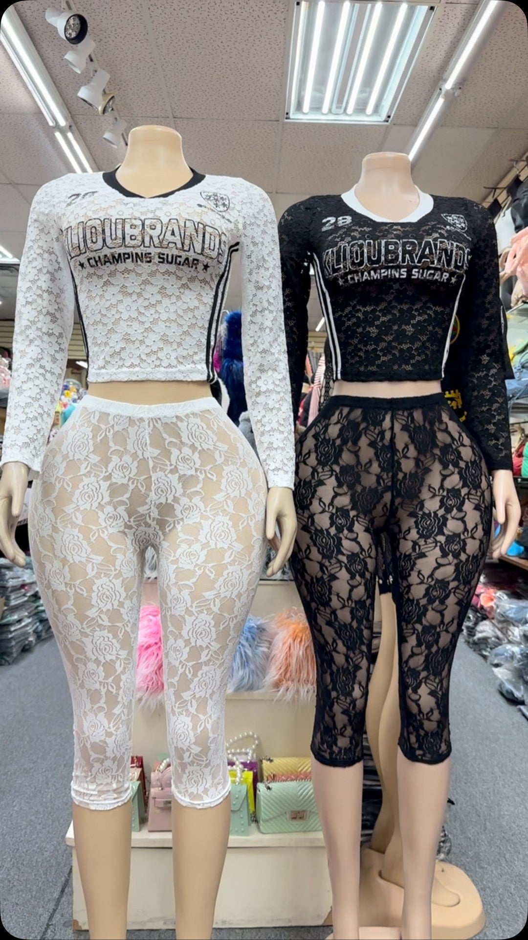 Women Fashion Sexy Lace Hollow-Out Long-Sleeve T-Shirt Tight Pants Two-Piece Set