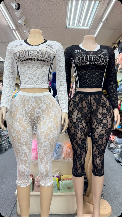 Women Fashion Sexy Lace Hollow-Out Long-Sleeve T-Shirt Tight Pants Two-Piece Set