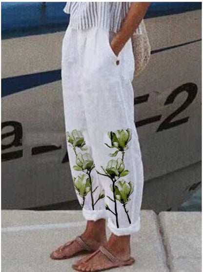 Pantalones florales vintage elegantes de algodón y lino para mujer