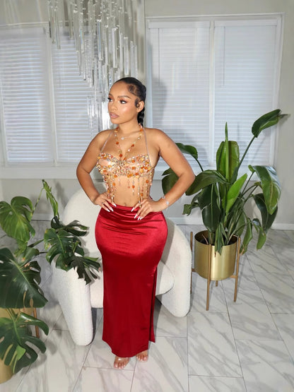 Women Summer Solid Color Satin Slim-Fit Skirt - High Waist Long Dress