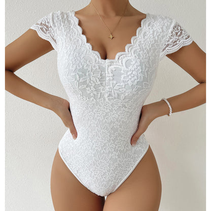 Body dos nu en dentelle couleur unie à décolleté en V profond pour femme
