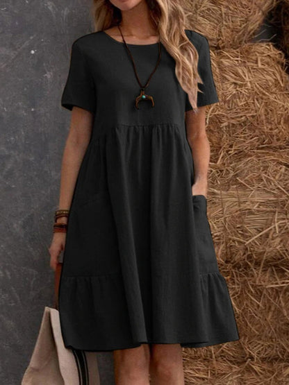 Vestido informal holgado de lino y algodón con cuello redondo para mujer